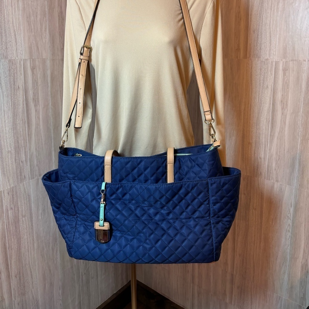 Kate Landry Elegant Blue Quilted Tote with Tan Accents
